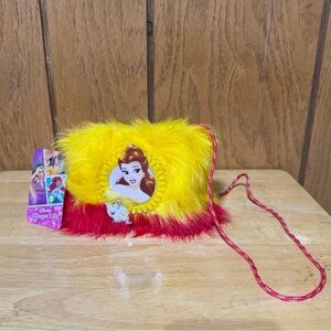 Disney Princess Belle Crossbody Bag Purse Zipper Fuzzy Faux Fur Red Yellow NEW